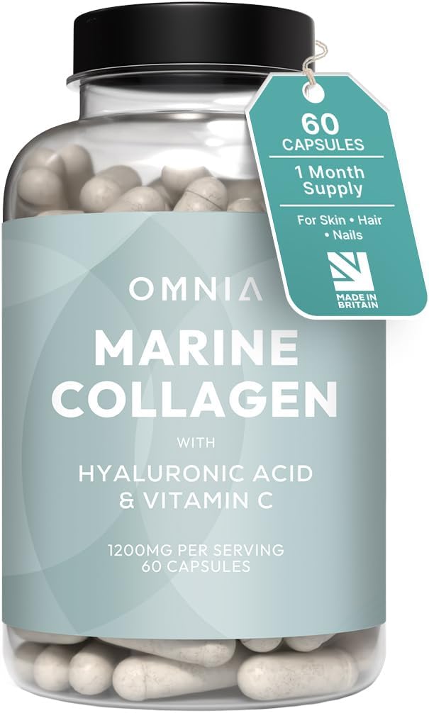 Marine Collagen Capsules 1200mg, Premium Skin, Hair & Nail Health Support for Women & Men, Enriched with Type I Collagen, Hyaluronic Acid & Vitamin C, High-Potency Formula, UK Made, 60 Capsules