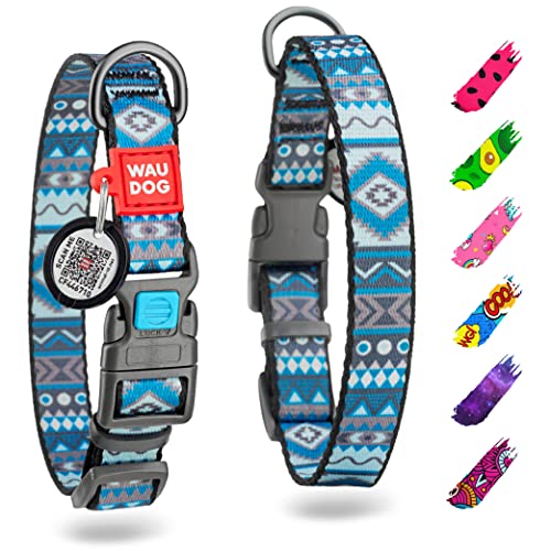 WAUDOG Verstellbares Welpenhalsband für kleine Hunde – Hundehalsband Jungen und Mädchen Nylon-Welpenhalsband Welpenhalsbänder große Rassen (Ethno Blue, 24,5 cm 34,5 Halsumfang)