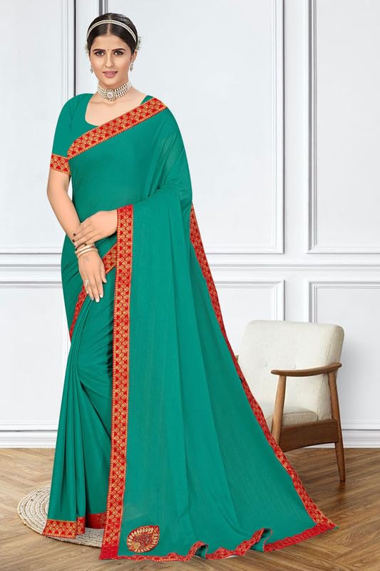 Image of V4M, Women's Fancy Chiffon Dyed Saree With Unstitched Blouse Piece Fancy Look.