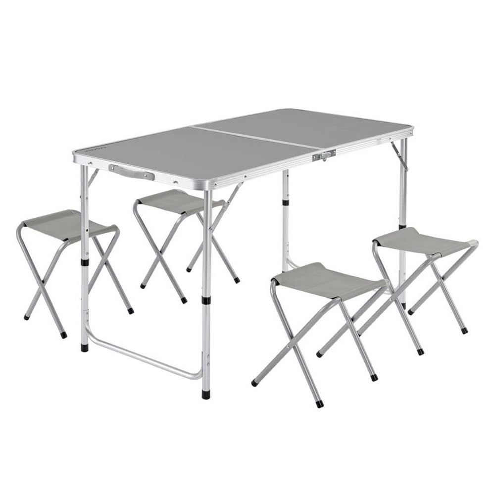 LOLAhome Mesa Plegable de Camping Con 4 Taburetes y Asa - Maletín Para Playa, Picnic - Aluminio y Loneta Gris - Regulable en 3 Niveles de Altura - 60x120x70 cm