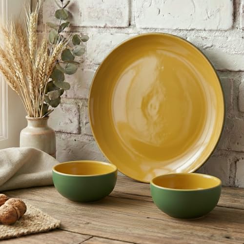Image of The Earth Store Handcrafted Mustard Novelle 3 Piece Ceramic Dinner Set, 1 Full Dinner Plate, 2 Vegetable Bowls, | Microwave & Dishwasher Safe | Ceramic Plate | Katori