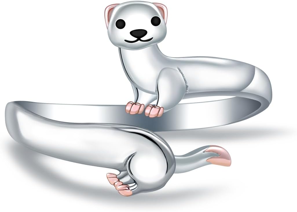 Cute Ferret Ring for Women - 925 Sterling Silver Ferret Themed Gifts for Animal Lover Adjustable Animal Rings Jewelry Hypoallergenic for Birthday