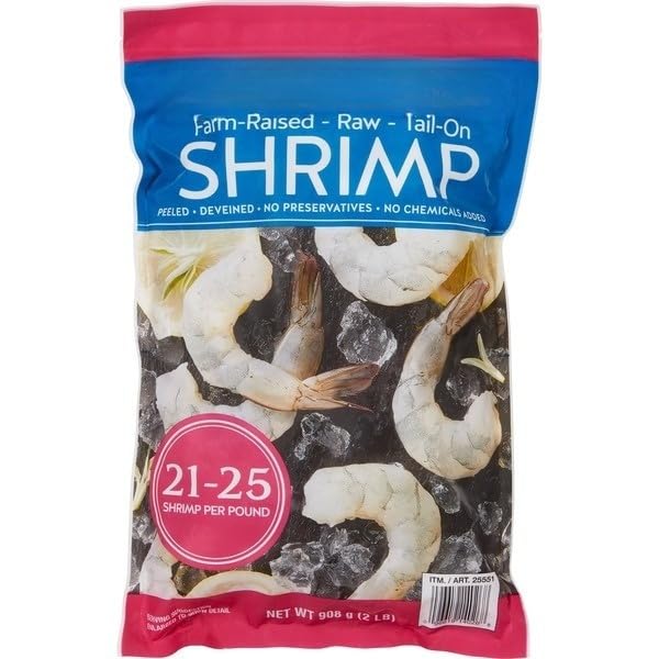 Raw Shrimp, Tail-On, Peeled & Deveined, Frozen, High Protein, Premium Quality Seafood , Conveniently cleaned and ready to cook while keeping the tail on for better presentation , A nutritious seafood option packed with lean protein and essential nutrients , Quick frozen to lock in flavor, texture, and quality until you're ready to cook - 21-25-count .. [ 32 oz , 2 lb ]