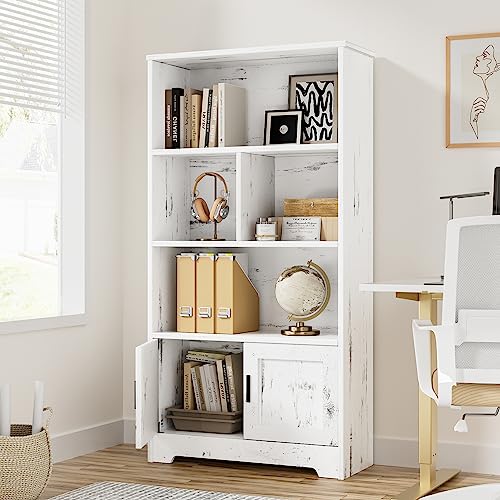 Idealhouse Wood Bookcase With Doors White Bookshelf With Led Lights Modern Storage Rack 3 Shelf Standing Bookshelves Large Display Shelf Unique Book Shelf For Bedroom, Living Room, Home Office #TOP4
