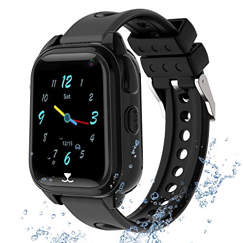 Kids GPS Smartwatch Phone IP67 Waterproof, Boys Girls Watch with GPS Locator 2Way Call SOS Voice Chat Camera Pedometer Alarm Clock Sport Watch Gift Compatible with iOS Android Smartphones, Black