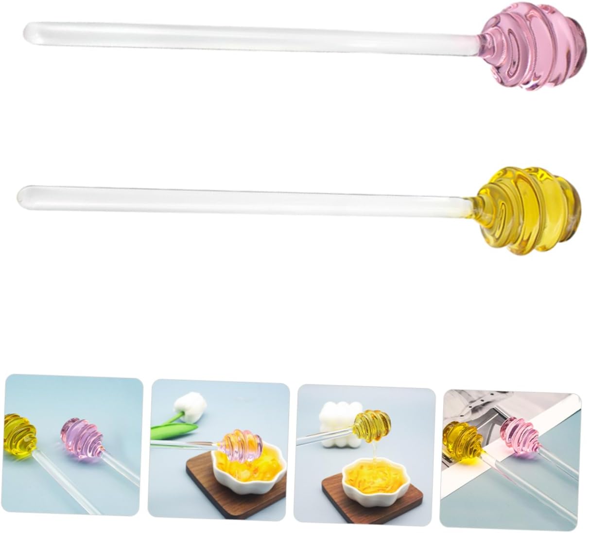 2pcs Glass Honey Dipper Spoon Long Handle Grooved Stick