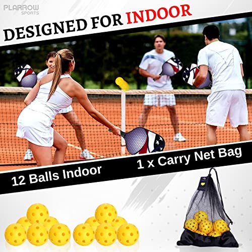 Plarrow Sports Indoor Pickleball Balls Set Of 12 With Mesh Bag - Durable Yellow Balls With Nice Bounce - 26 Holes & Specifically Designed For Indoor Courts - Meets Usapa Standards #TOP5