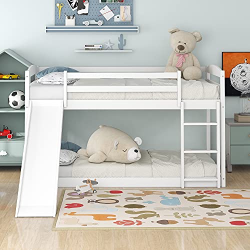 Softsea Twin Over Twin Bunk Bed With Slide For Kids Solid Wood Low Bunk Beds With Built-In Ladder(White) #TOP2