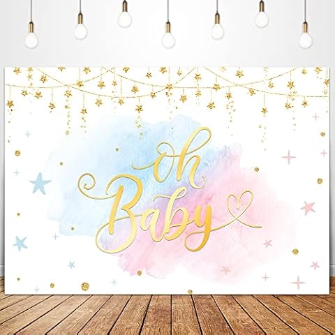 Glawry Pink Blue Oh Baby Gender Reveal Backdrop for Photography 7Wx5H Feet Boys or Girls Baby Shower Gold Stars Watercolor Newborn Party Decorations Photoshoot Background Photo Booth Studio Cover