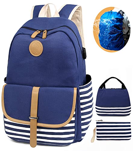 SCIONE School Backpacks for Women Teen Girls with USB Charging Port and Backpack Rain Cover Lightweight Canvas Stripe Backpack Cute Teen Bookpacks Set Bookbags+Insulated Lunch Bag+Pouch 3 in 1