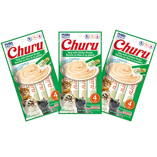 Image of INABA Churu Cat Treats, Grain-Free, Lickable, Squeezable Creamy Puree Cat Treat /Topper with Vitamin E & Taurine, 0.5 Ounces Each Tube, 12 Tubes (4 per Pack), Tuna with Chicken Recipe