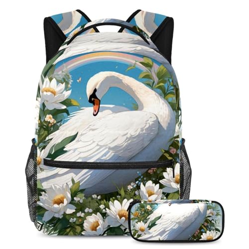 Sac à dos ado multicolore motif cygne fleur avec trousse de cours