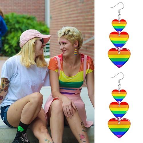 LGBTQ Rainbow Pride Earrings for Women Triple Love Heart Earrings Dangling Gay Lesbian Bisexual Transgender Jewelry Accessories for Pride Month4
