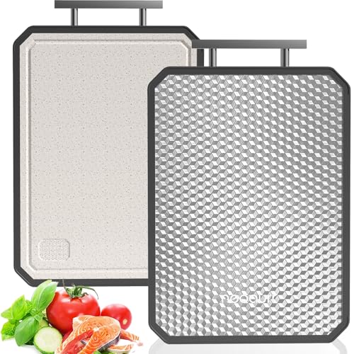 Tabla de cortar de acero inoxidable, grande de 15" × 11", de doble cara para cocina, superficies de acero no tóxico y polipropileno de paja de trigo apto para alimentos, resistente a rayaduras y apta para lavavajillas miniatura 1