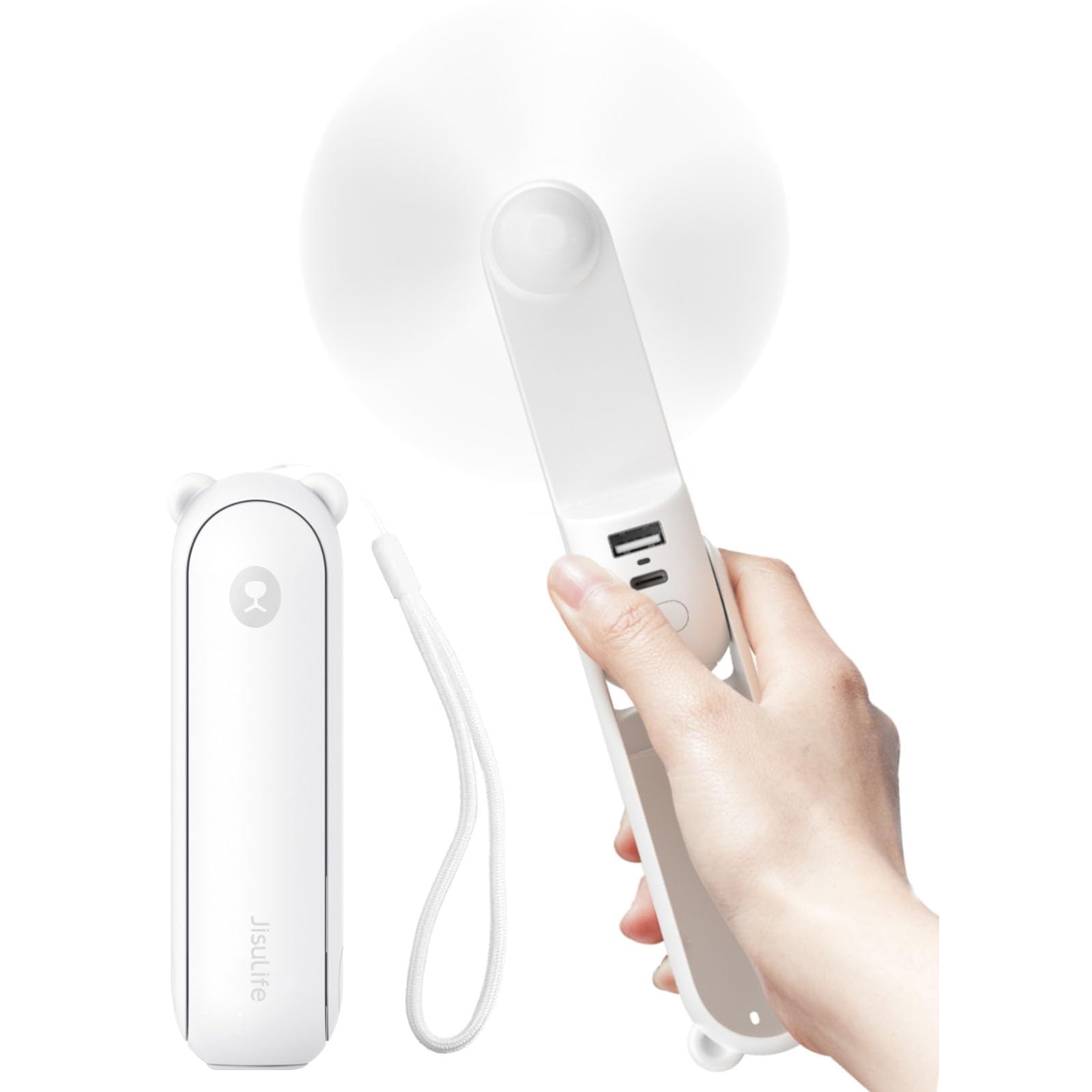 JISULIFE Handheld Fan Life8 Plus with 4500 mAh, Max 46 Hours Runtime,Pocket Fan Portable Battery Operated or USB Powered Folding Personal Fan,3 Speeds, Women Men Kids Gift for Festival-White-image-2