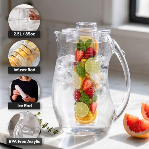 Image of OVENTE Fruit Infusion Water Pitcher 2.5 Liters, Clear PIA0852C | With Removable Lid, Infuser Rod and Ice Rod, BPA-Free, Shatterproof Acrylic Beverage Jug for Flavor-Infused Drinks & More
