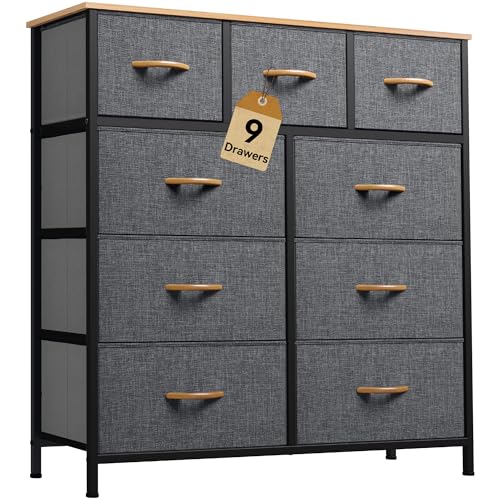 DWVO Dresser with 9 Drawers - Fabric Storage Tower, Organizer Unit for Living Room, Hallway, Closets - Sturdy Steel Frame, Wooden Top & Easy Pull Fabric Bins (Dark Black Grey)
