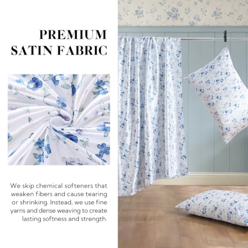 Image of MR&HM Satin Sheets Queen Size, 4 Piece Silky Floral Patterned Sheets with Elastic Corner Straps, 15 inch Deep Pocket, Soft Silk-Like Bed Sheets (Wildflower Blue)