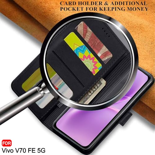 Image of TheGiftKart Genuine Leather Finish Flip Back Cover Case for Vivo V70 FE 5G | Inbuilt Pockets & Stand | Wallet Style | Designer Button Magnet Flip Back Cover Case (Faux Leather, Black)