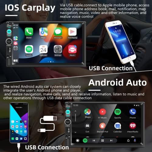 Double Din Car Stereo With Apple Carplay Android Auto,7 Inch Touch Screen Bluetooth Car Radio Receiver With Backup Camera,Fm,Mirror Link Car Navigation,Steering Wheel Controls,Subwoofer/Usb/Tf/Aux #TOP1