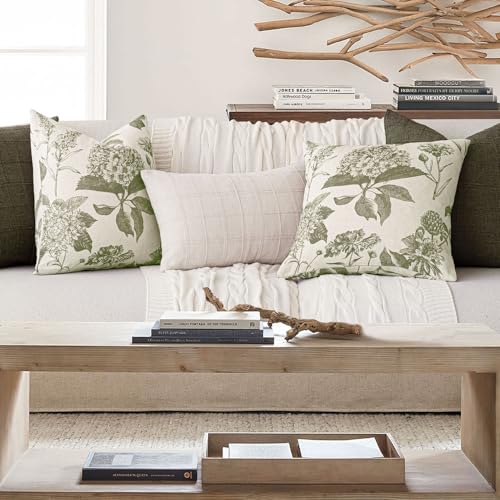 Image of Foindtower Set of 2 Linen Floral Vintage Throw Pillow Covers Neutral Accent Print Decorative Cushion Covers Farmhouse Home Decor for Sofa Chair Couch Bedroom Living Room,18x18 Inch,Sage Green