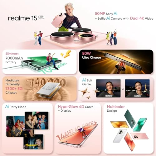 Image of realme 15 5G, 8+128GB, Dimensity 7300+ 5G, 50MP 4K Camera, Curved Display, 6.8 inch 144Hz, Battery 7000mAh, IP69, Flowing Silver