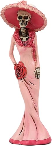 Ebros Gift Día de los Muertos DOD Esqueleto Lady Rosa con vestido de cóctel rosa y rojo, figura de 8.25 pulgadas de alto, flor de rosa de azúcar,