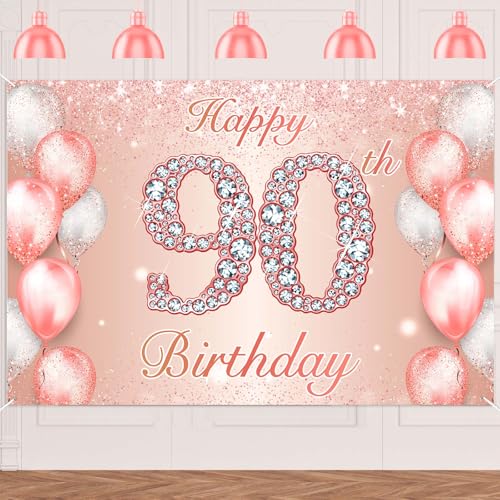 Image of Happy 90th Birthday Rose Gold Banner Cheers to 90 Years Old Backdrop Confetti Balloons Theme Decor for Women 90 Years Old Pink Birthday Party Decorations Bday Supplies Background Favors Gift Glitter