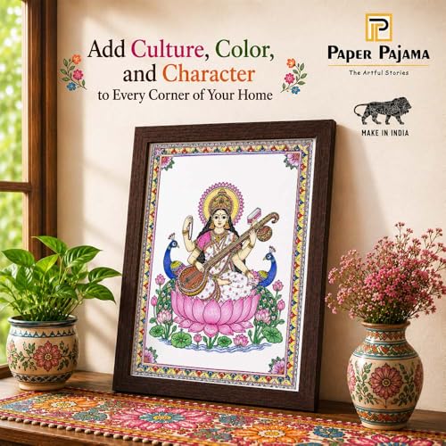 Image of PAPER PAJAMA Goddess Saraswati Vastu Wall Art for Living Room | Madhubani Saraswati Mata Painting with Veena | Traditional Mithila Religious Framed Decor for Home, Office & Study Room (10x13 Inches)