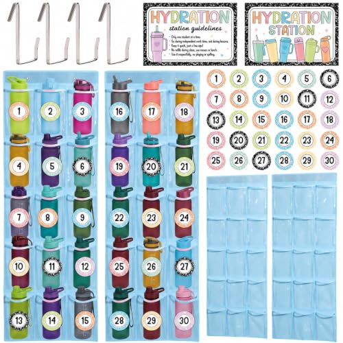 2 Pack Water Bottle Organizer for Classroom 30 Pockets PVC Clear Organizer Holder for Cup Over The Door Hanging Bag with Hydration Station Sign Digital Stickers Hooks for Back to School Kitchen (Blue)