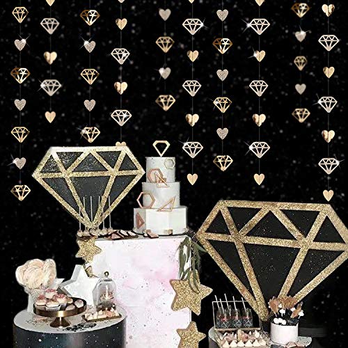Image of 52 Ft Valentines Day Party Decorations Champagne Gold Heart Garland Hanging Paper Diamond Heart Streamer Banner for Engagement Bachelorette Bridal Shower Wedding Anniversary Mothers Day Birthday Party