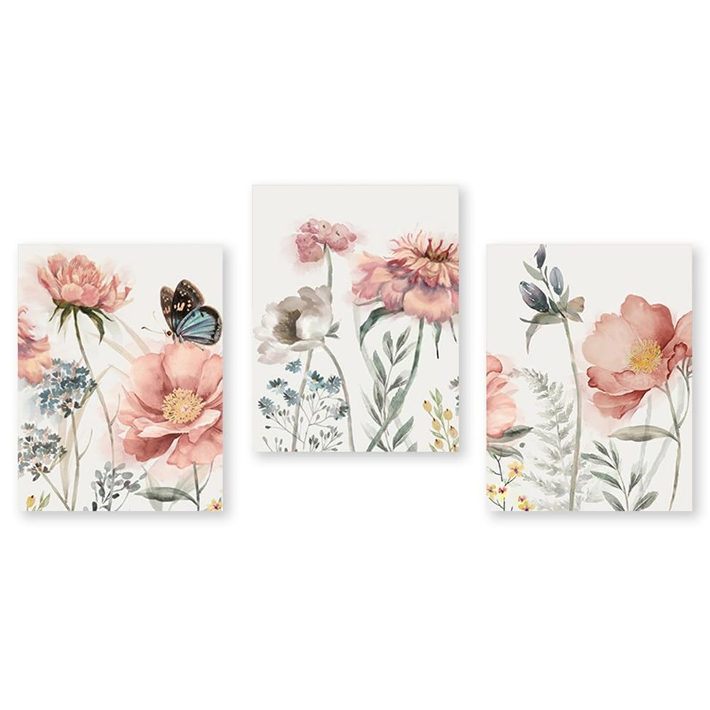 SOBMQ Poster-Abstract Pink Flowers and Butterflies Wall Art Canvas Paintings Flower Leaves Wildflowers Posters Print Pictures Bedroom Office Home Decor-50 * 70cm-3PCS (No Frame)