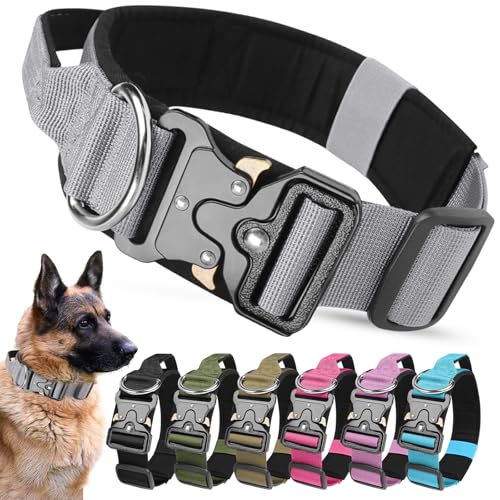 AKOFIC Taktisches Hundehalsband mit Griff, Breites Halsband Hund Gepolstert aus Nylon, Verstellbar Robuster Dog Collar mit Metallschnalle für Mittlere Große Hunde (Grau, L)