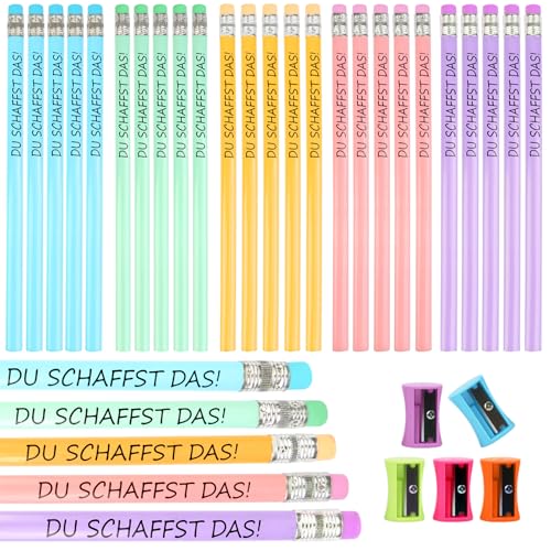 30 Stück Glücksstift Bleistifte mit Radiergummi, Du Schaffst Das HB Holzbleistifte Mehrfarbig Set zum Zeichnen und Schreiben für Erwachsene, Lehrer, Kollegen, Kinder, Schule, 5 Schneidewerkzeuge