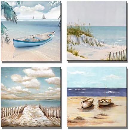 Boqi Art- Seascape Giclee Canvas Prints Beach and BOAD Wall Art Painting Style Prints 4 Panels for Home Decoration
