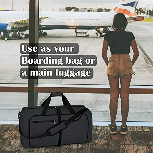 Travel Duffel Bag 65L Foldable Weekender Overnight Bags for Men Women Waterproof Sports Gym Bag with Shoes Compartment Holdall Weekend Bag Black