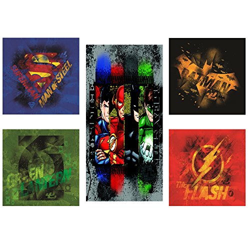 Modern Littles Justice League 5 Piece Canvas Wall Art Set Featuring Superhero Character Designs of Superman, Batman, Green Lantern and Flash Gordon, Multicolored