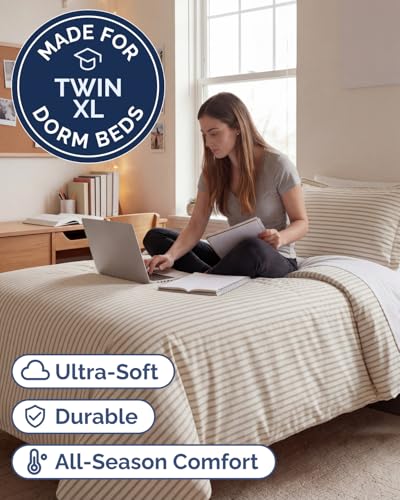 Image of Duvet Cover Twin /Twin XL Size Set - Extra Soft Twin /Twin XL Duvet Cover 68 inch x 90 inch with 1 Pillow Sham for Women, Men, Kids & Teens - Easy-Care & Fade Free with Zipper Closures & Ties (Beige Stripes)