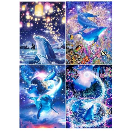 DCIDBEI 4 Pack Diamond Painting Erwachsene Tiere 30x40 cm - Delfin Diamant Painting Bilder - Perlenbild Kleben für Kinder und Erwachsene