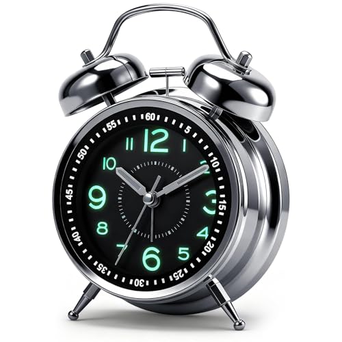 Twin Bell Alarm Clock Extra Loud Ring for Heavy Sleepers & Deep Sleep Adults Battery Operated Silent Non-Ticking Mechanism with Luminous Numerals Elegant Retro Metal Design for Bedroom (Black)