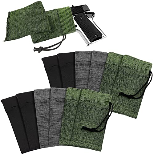 12 Pcs Handgun Gun Sock Silicone Gun Case Anti Rust Sleeve Fabric Waterproof Gun Sock Knit Gun Socks Silicone Drawstring Closure for Tactical Accessories (Green, Black, Dark Gray)