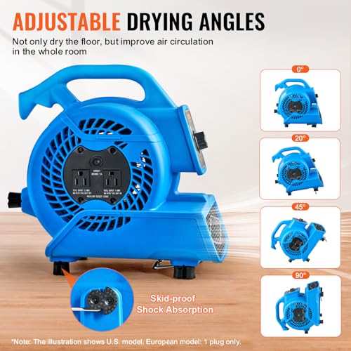 Image of VEVOR Floor Blower, 1360 RPM 600 CFM, Air Mover for Drying and Cooling, Portable Carpet Dryer Fan with 4 Blowing Angles,3-Speeds Adjustment, for Janitorial, Home, Plumbing, Commercial Use