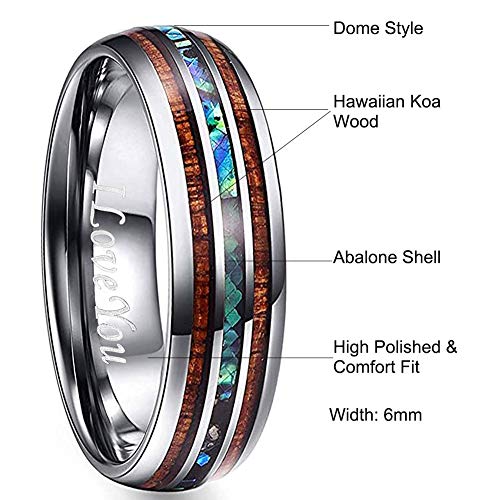 Vakki 6mm Shell and Wood Inlay Tungsten Rings Silver Mens Womens Wedding Engagement Bands Engraved I Love You Size 14 - Thumbnail 5