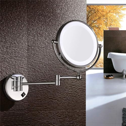 Image of Brass LED Mirror Dual Side Round Mirror for Bathroom 360 Swivel with Zoom View | Magnifying Shaving Makeup Vanity Mirror Wall Mounted (LED Chrome)