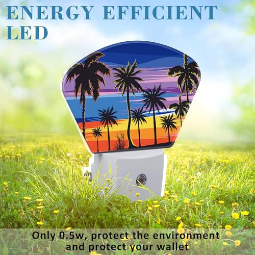 Image of Tropical Palm Tree Night Light Plug into Wall, Sunset Beach Night Light with Dusk to Dawn Sensor for Kid Girls Boys Women Men Bedroom, Hallway, Kitchen, Bathroom, Stairs Decor