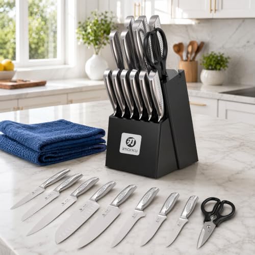 Image of imarku 15PCS Kitchen Knife Set with Block,High Carbon Stainless Steel,Black | Built-in Sharpener,Dishwasher Safe,Ergonomic Non-Slip Handle,Space-Saving Knife Block,Ideal for Daily Cooking & Gifts