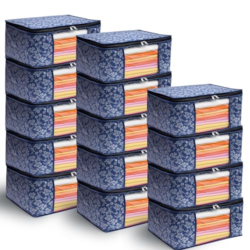 Image of Flower Printed Saree Covers for Cloth Storage & Wardrobe | Transparent Window, Zipper Closure | Blue | Pack of 14 | Dustproof, Breathable, Travel & Home Use