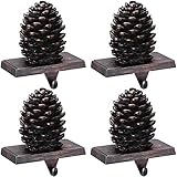 Hotop 4 Pieces Christmas Pine Cone Stocking Holder Metal Mantel Stocking Hanging Hook Xmas Pine Cone Stocking Holder Fireplace Stocking Hanger for Fireplace Mantel Christmas Decor (Black)