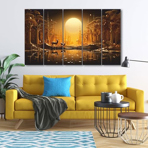 Image of The Castle Decor Golden Deer Wall Painting for Living Room Big Size - Deer Wall Painting for Bedroom, Office, Drawing Room, Hotel - Elegant Wall Decor Art for Home Decoration, Gifting (27x48 inch)