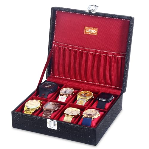 Image of LEDO Men's and Women's Watch Box Holder Organizer Case In 8 Slots of watches In Black Color with Cherry Velvet Pack of 2
